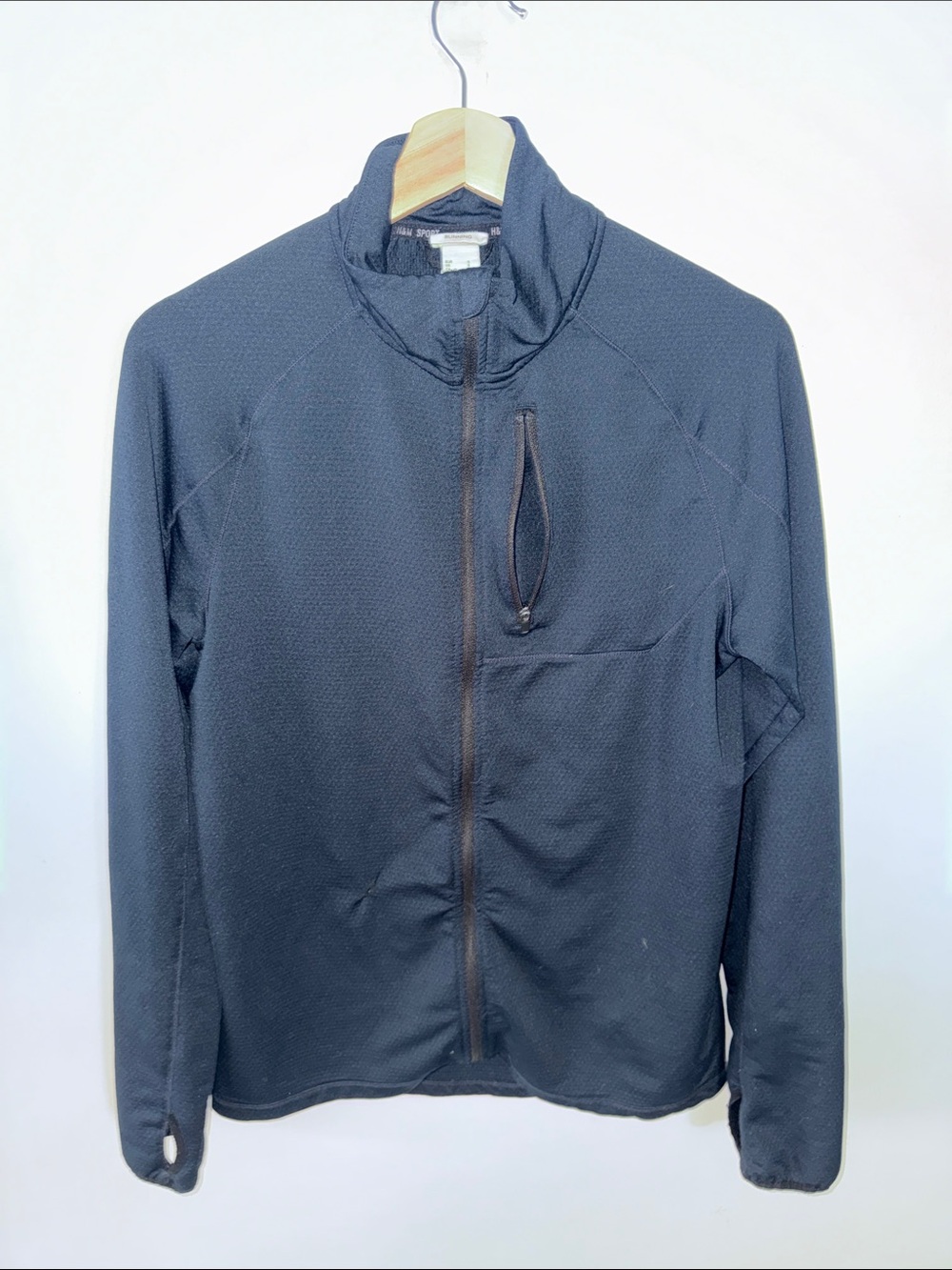 H&M Sport Running Men's Full-Zip Jacket Size S Black Navy Grid Fleece Thumbholes